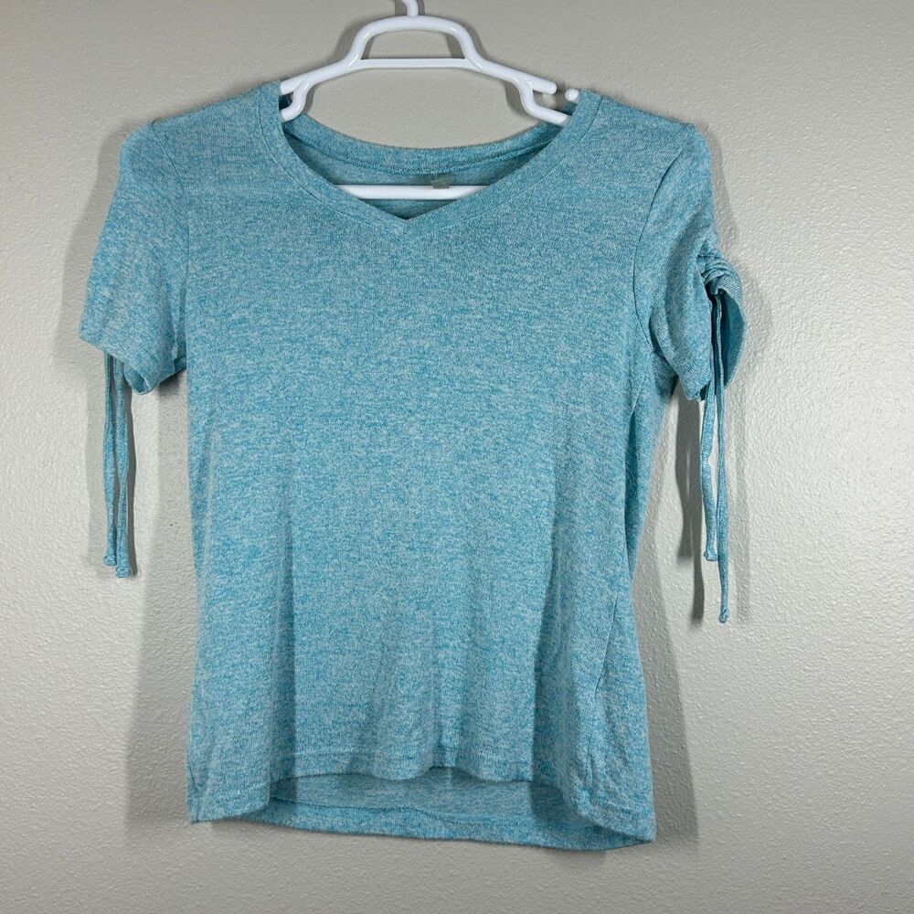 Silverwear Top Womens S Light Blue V Neck Short Sleeve Tie Sleeve Knit Heather